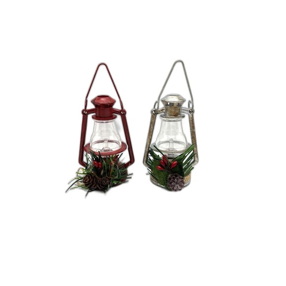 Christmas Lanterns Camping Ornaments Red And Silver Pine cone, Berries Decor - Picture 2 of 12